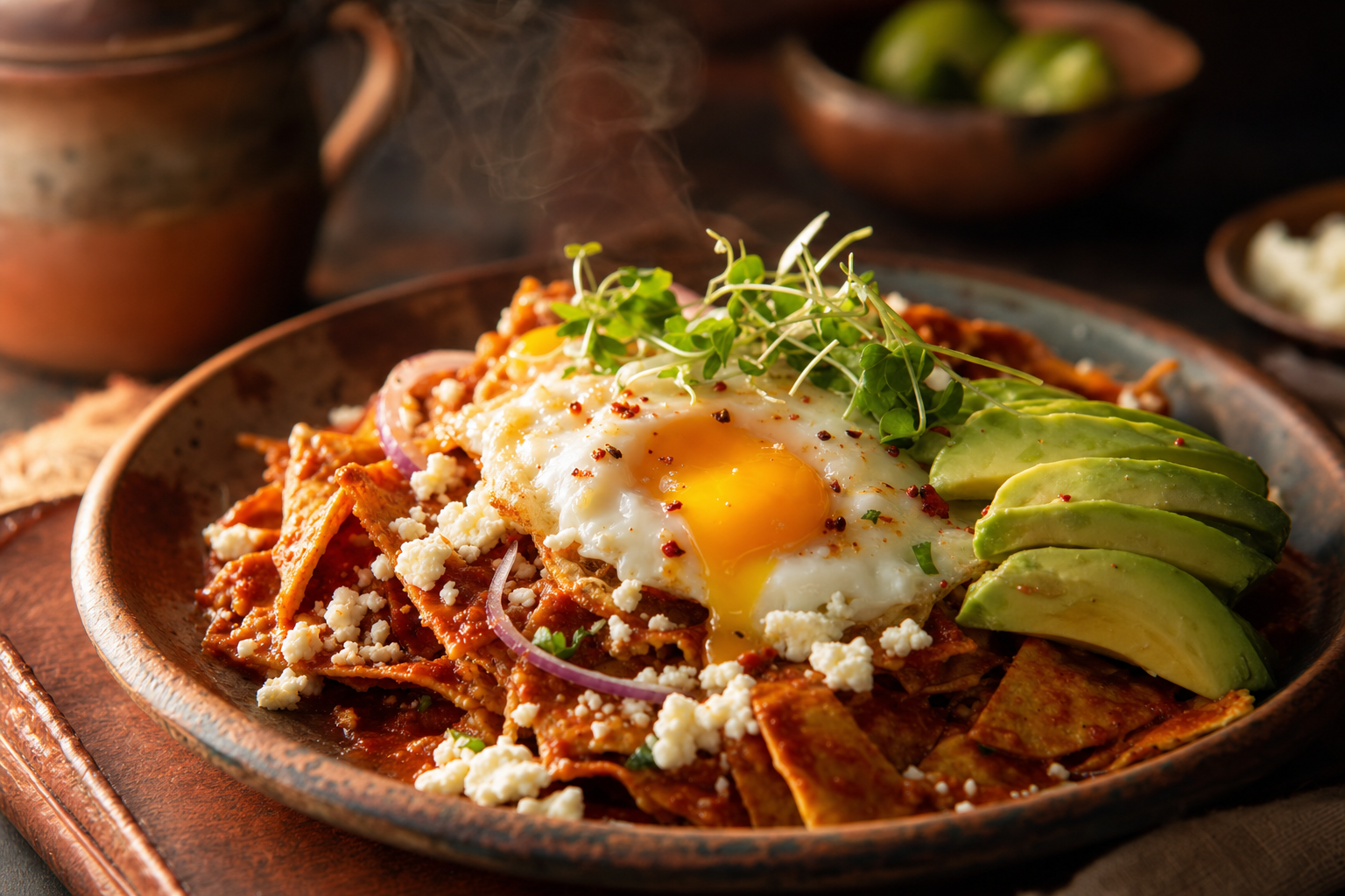 Chilaquiles Rositas topped with arrachera steak, eggs, queso fresco, and crema